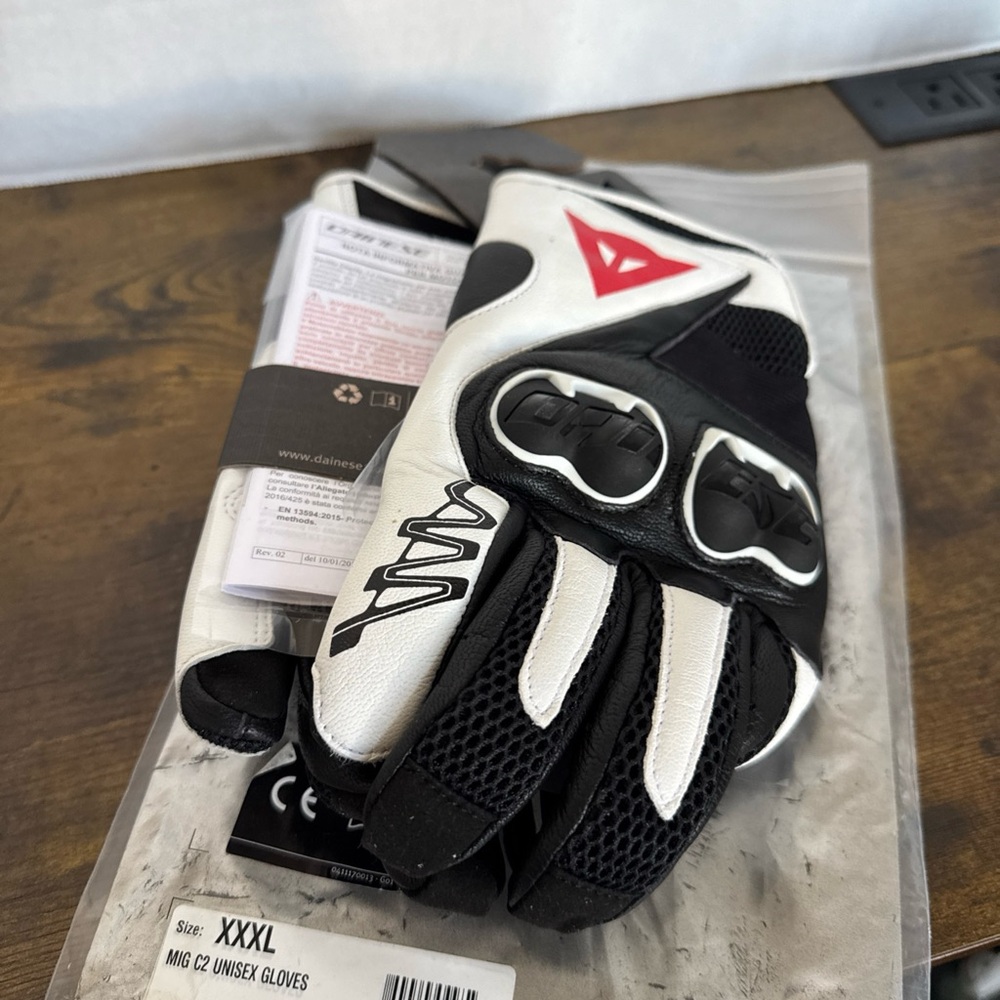 Dainese Leather Motorcycle Gloves Black/White MIG C2 Unisex Gloves Size XXXL NEW